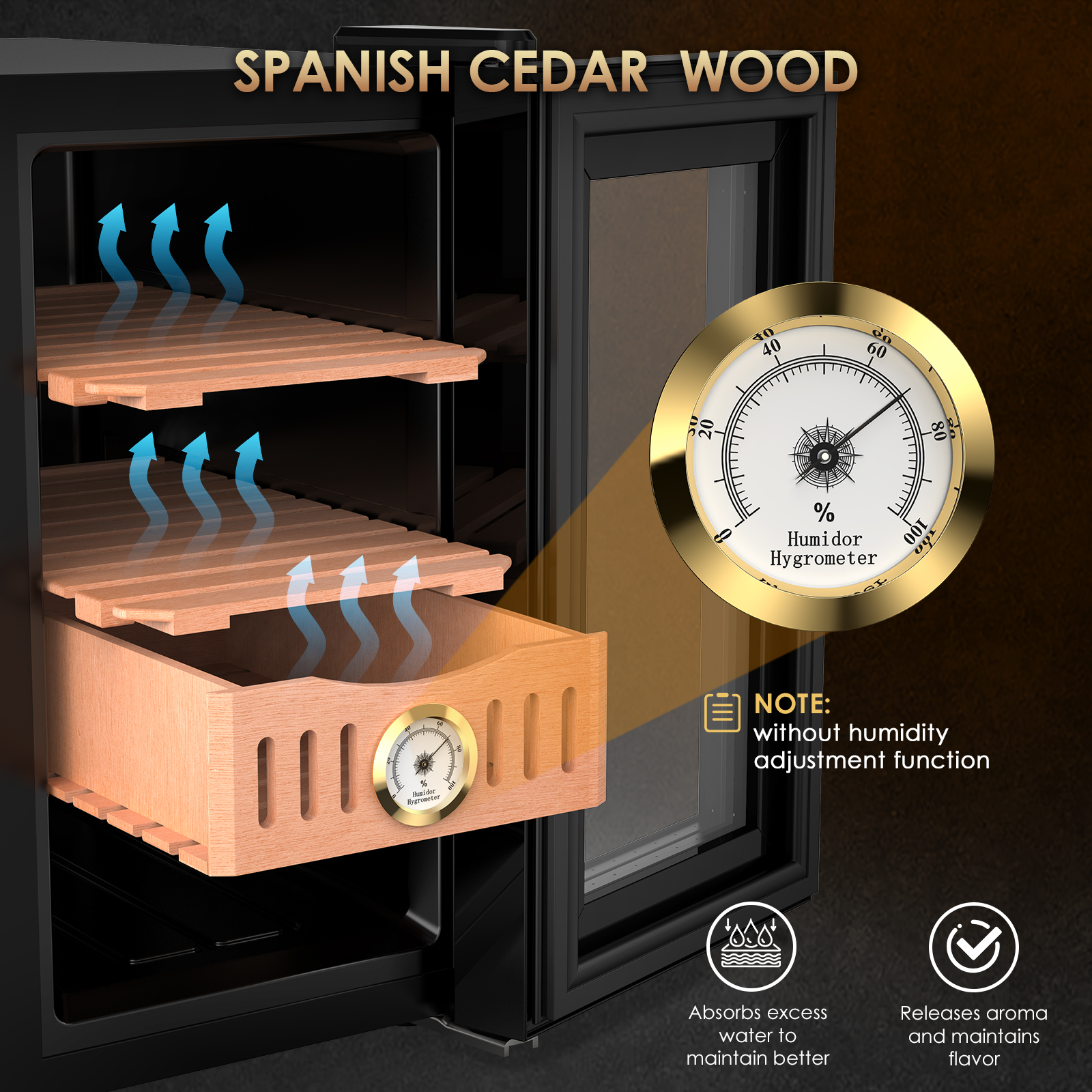Mojgar electric humidor with Spanish cedar wood shelves that absorb excess moisture, release aroma, and maintain cigar flavor. Includes a hygrometer for humidity monitoring. Note: No humidity adjustment function.