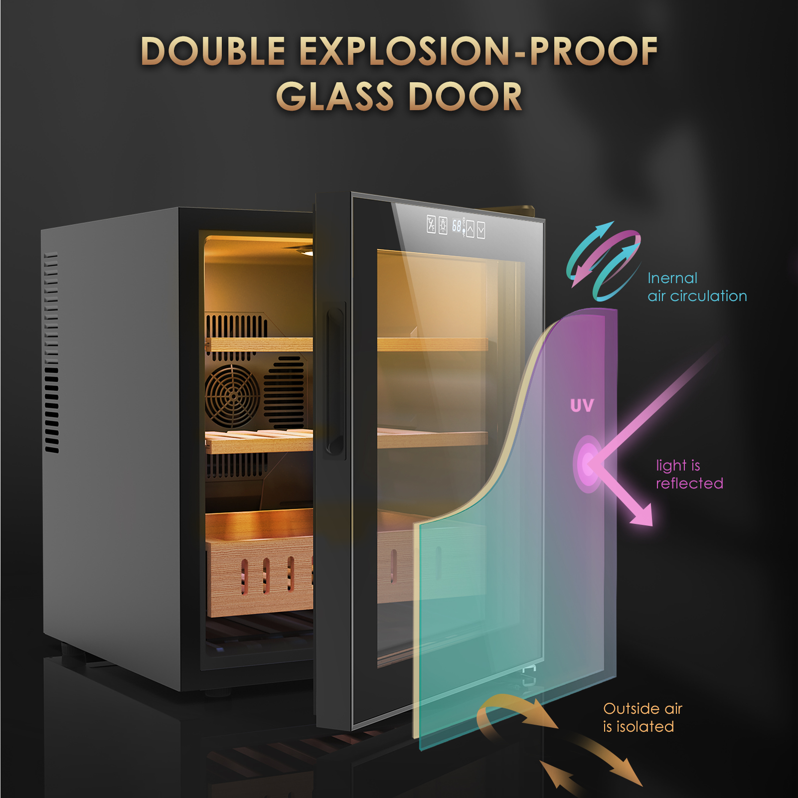 Mojgar 50L cigar humidor featuring a double explosion-proof glass door with UV protection that reflects harmful light. The door also ensures isolated external air, while internal air circulation keeps cigars in optimal condition for storage and preservation. 