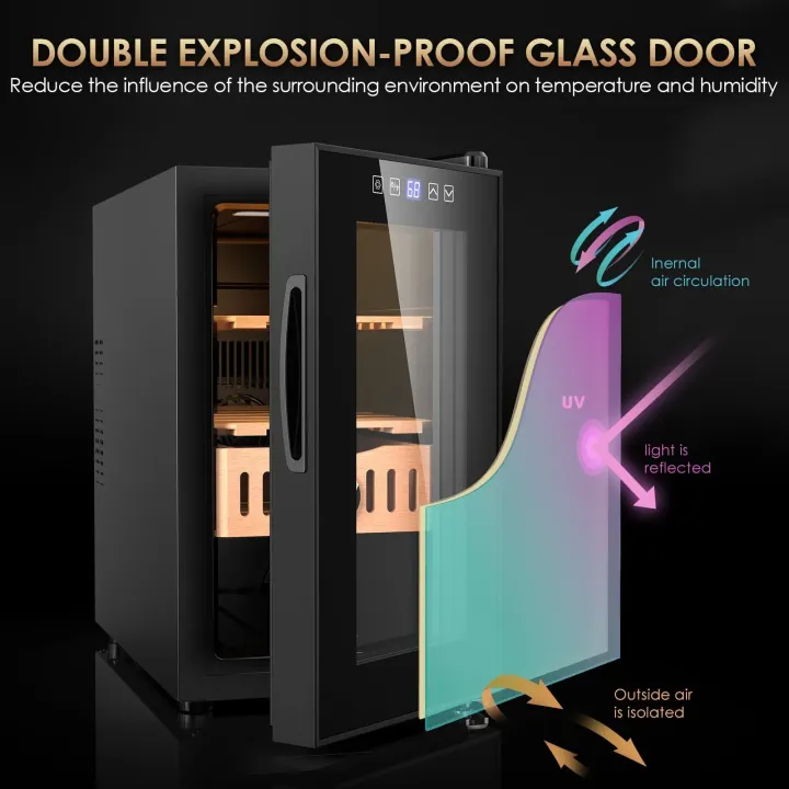 Mojgar electric humidor with a double explosion-proof glass door, enhancing internal air circulation, isolating outside air, and reflecting UV light to maintain optimal temperature and humidity.