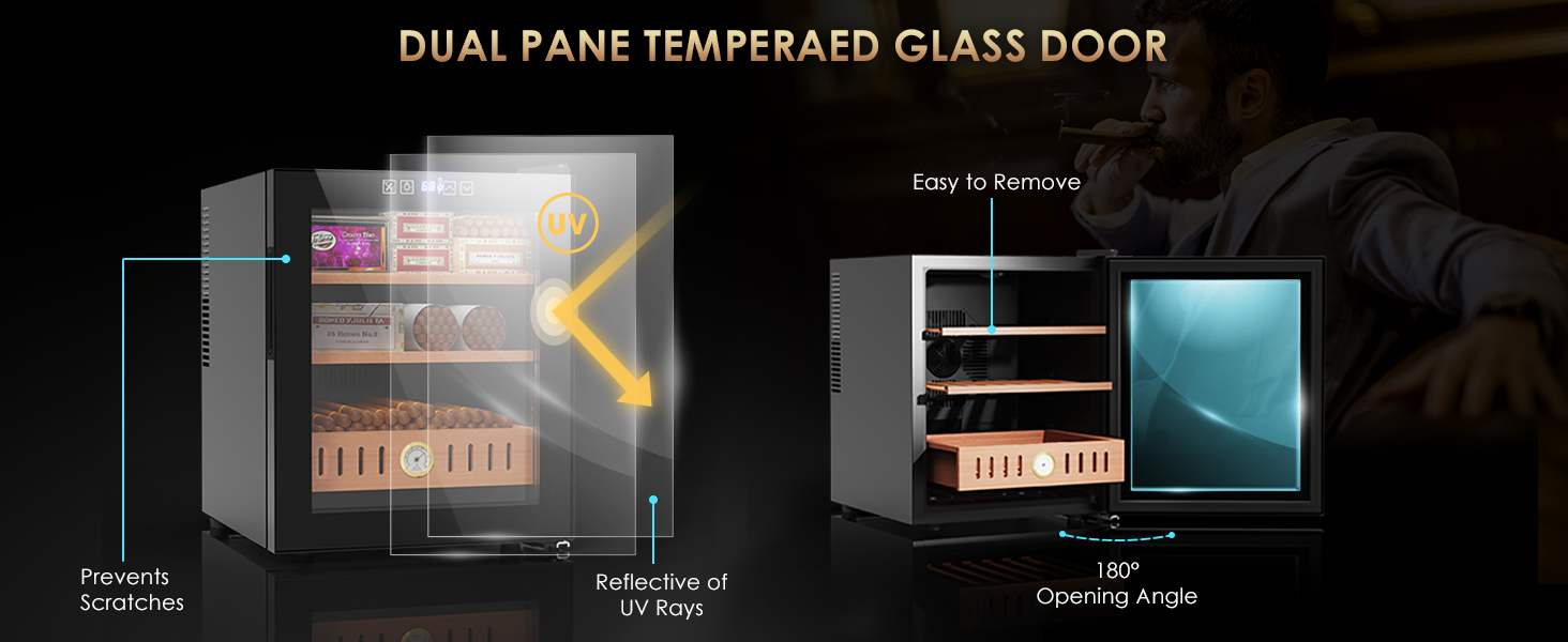 Mojgar electric humidor with a dual-pane tempered glass door that prevents scratches, reflects UV rays, and offers a 180° opening angle for easy access and visibility.