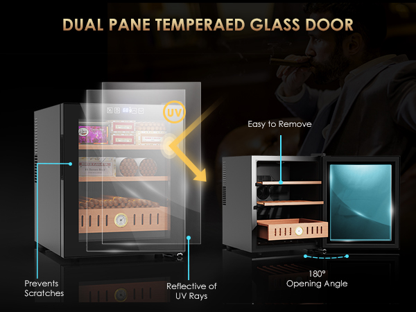 Mojgar electric humidor with a dual-pane tempered glass door that prevents scratches, reflects UV rays, and offers a 180° opening angle for easy access and visibility.