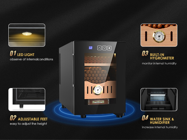 Mojgar electric humidor with LED light for internal observation, adjustable feet for height, built-in hygrometer to monitor humidity, and a water sink & humidifier to increase humidity.