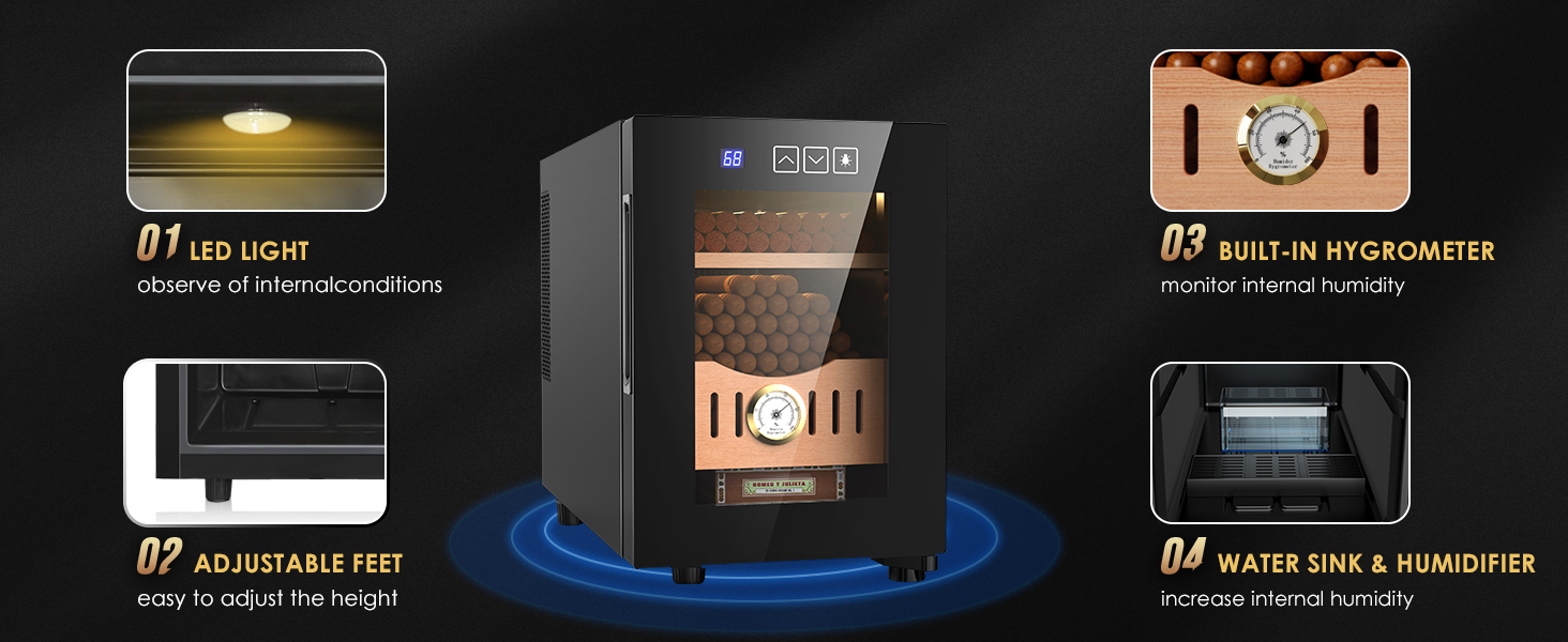 Mojgar electric humidor with LED light for internal observation, adjustable feet for height, built-in hygrometer to monitor humidity, and a water sink & humidifier to increase humidity.