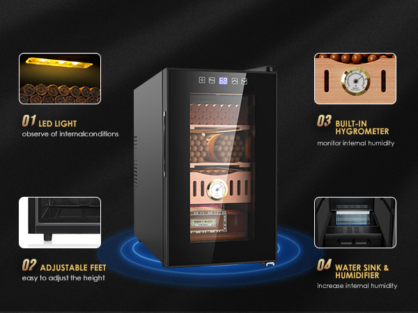 Mojgar electric humidor with LED light for internal observation, adjustable feet for height, built-in hygrometer to monitor humidity, and a water sink & humidifier to increase internal humidity.