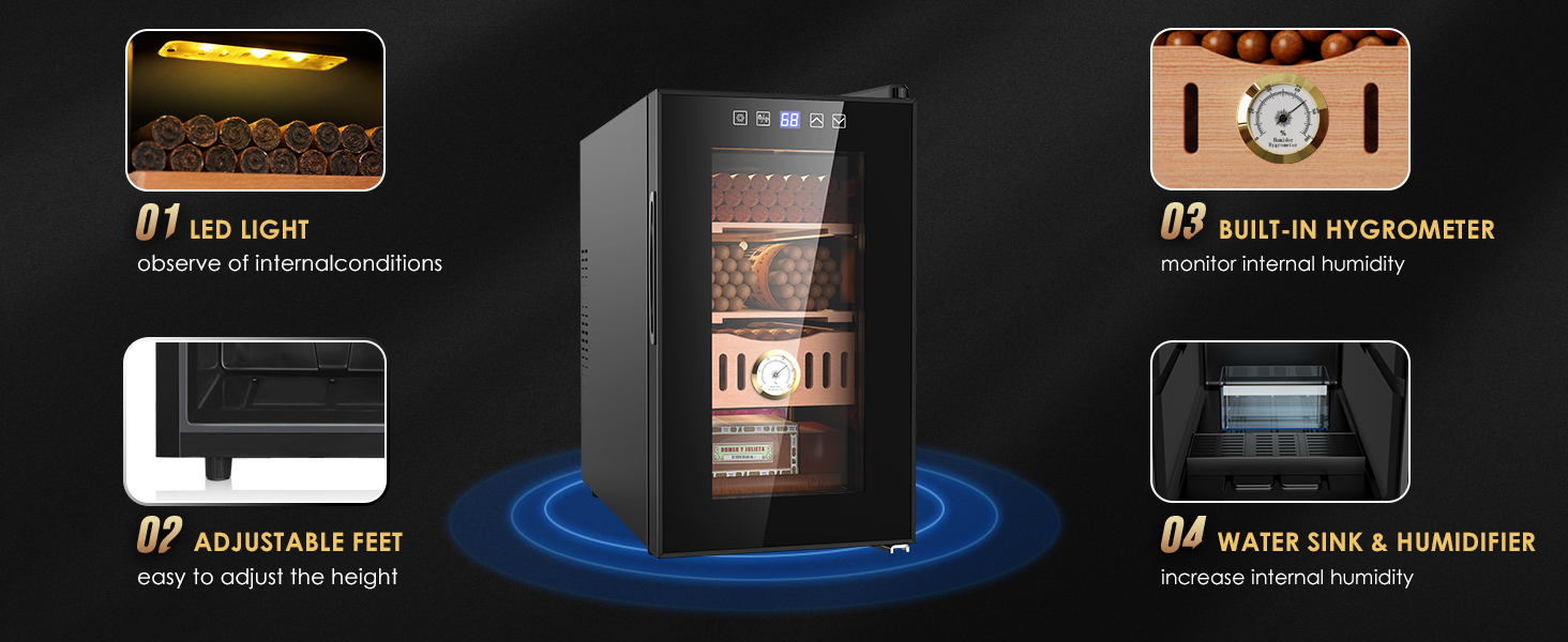 Mojgar electric humidor with LED light for internal observation, adjustable feet for height, built-in hygrometer to monitor humidity, and a water sink & humidifier to increase internal humidity.