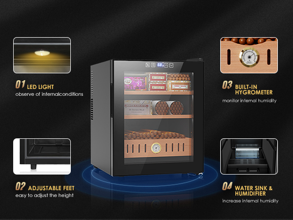 Mojgar 50L electric humidor with LED light for easy monitoring, adjustable feet for height adjustment, built-in hygrometer to monitor humidity, and water sink & humidifier for humidity control.