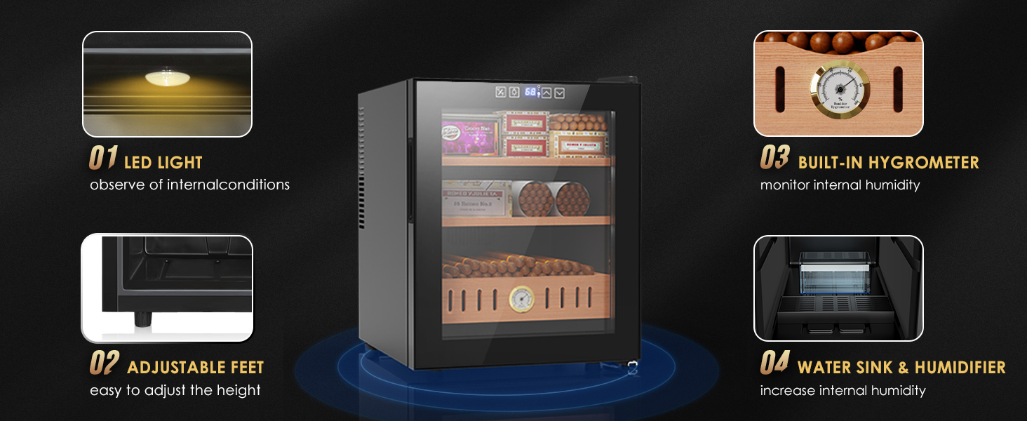 Mojgar 50L electric humidor with LED light for easy monitoring, adjustable feet for height adjustment, built-in hygrometer to monitor humidity, and water sink & humidifier for humidity control.