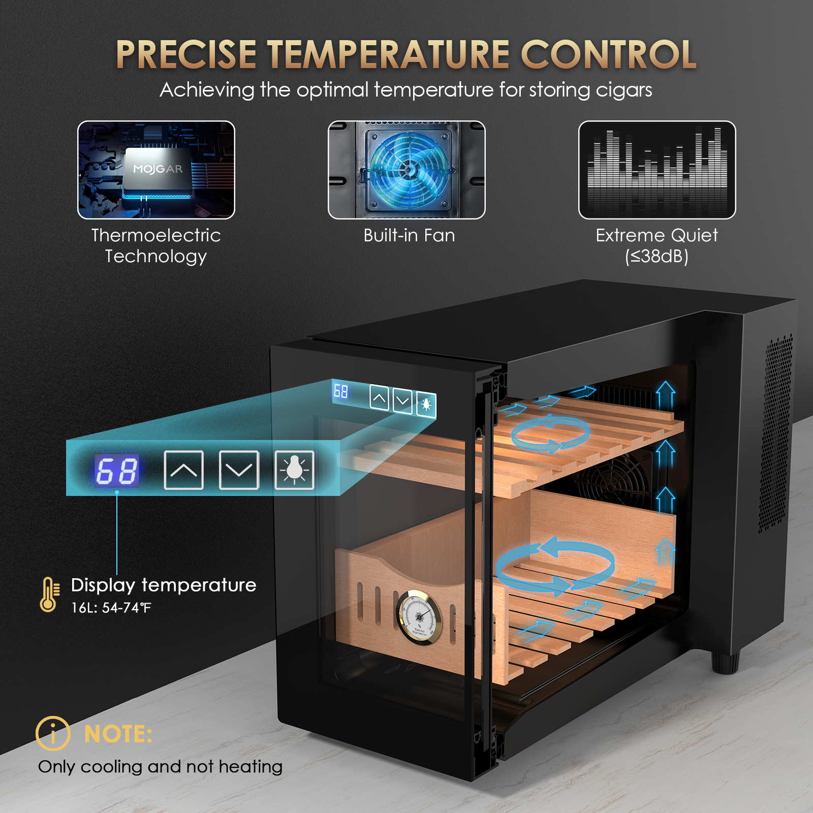 Mojgar 16L electric humidor with thermoelectric technology, built-in fan, and precise temperature control (54-74°F), designed for optimal cigar storage with ultra-quiet operation. Note: Cooling only, no heating.