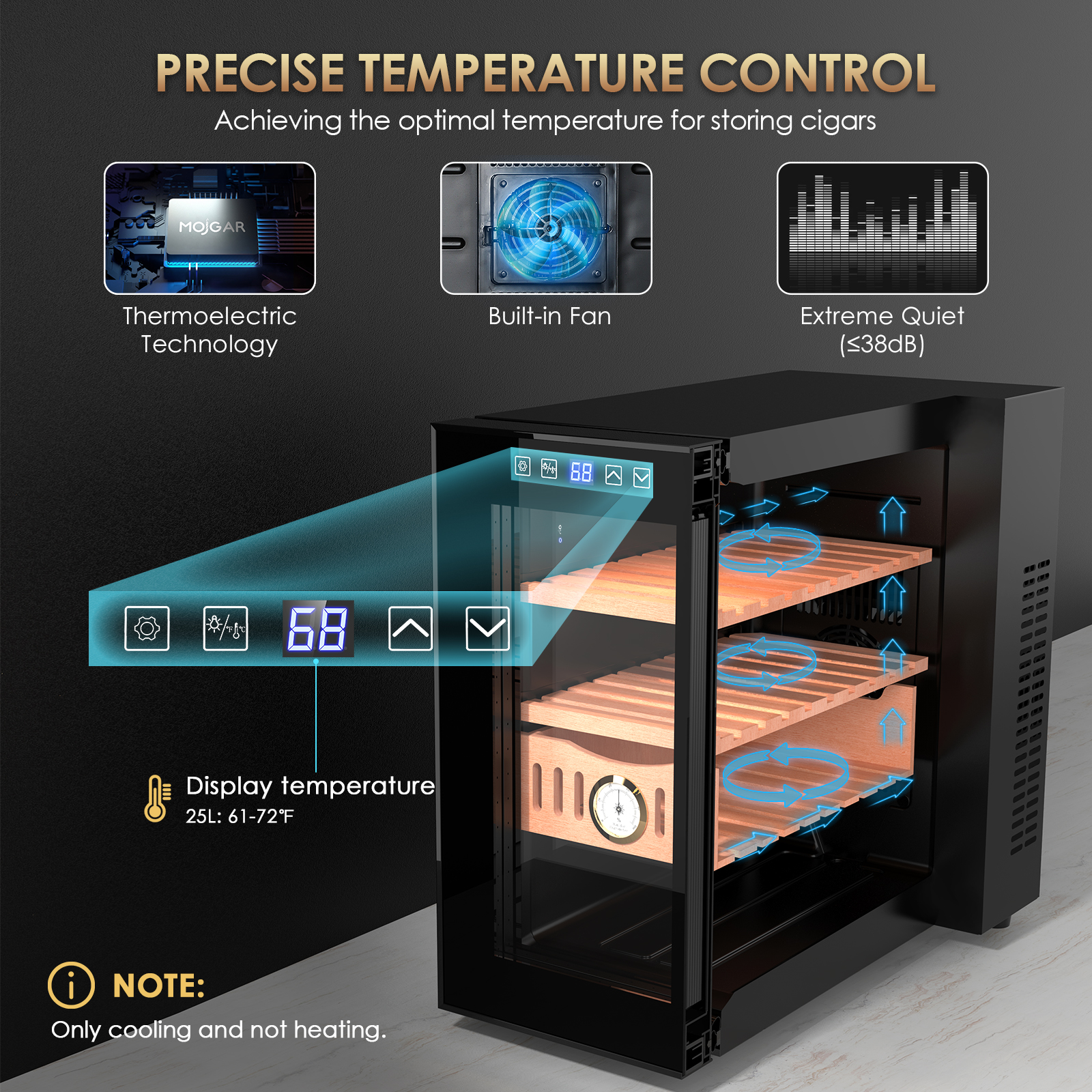 Mojgar 25L electric humidor with thermoelectric technology, built-in fan for airflow, and precise temperature control (61-72°F). Ultra-quiet operation with cooling function only. Note: No heating function.
