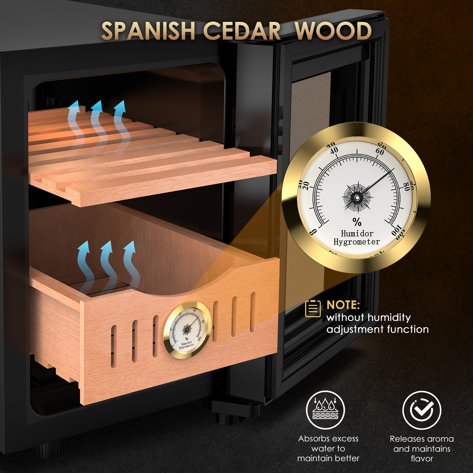 Mojgar electric humidor with Spanish cedar wood shelves, designed to absorb excess moisture, release aroma, and maintain flavor. Includes a hygrometer for monitoring humidity. Note: No humidity adjustment function.