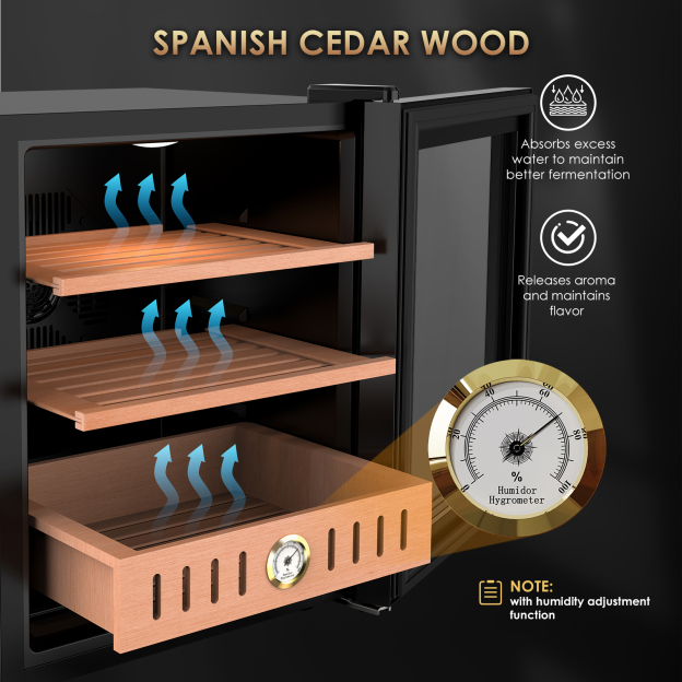 Mojgar 50L cigar humidor featuring Spanish cedar wood that absorbs excess moisture for better fermentation and releases aroma to preserve cigar flavor. Includes a hygrometer for humidity control. Ensures optimal conditions for storing cigars.