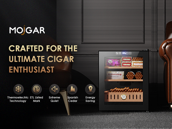 Mojgar 50L electric humidor designed for cigar enthusiasts, featuring thermoelectric technology, ETL certification, Spanish cedar interior, and energy-saving, ultra-quiet operation.