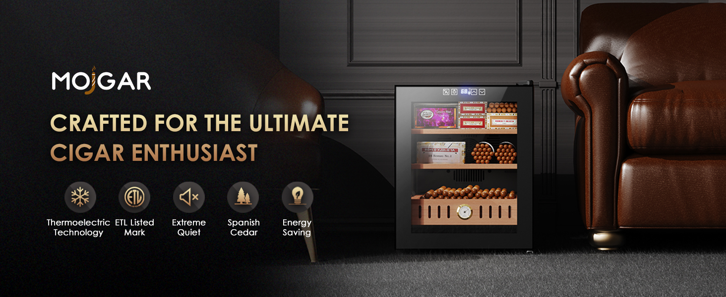 Mojgar 50L electric humidor designed for cigar enthusiasts, featuring thermoelectric technology, ETL certification, Spanish cedar interior, and energy-saving, ultra-quiet operation.
