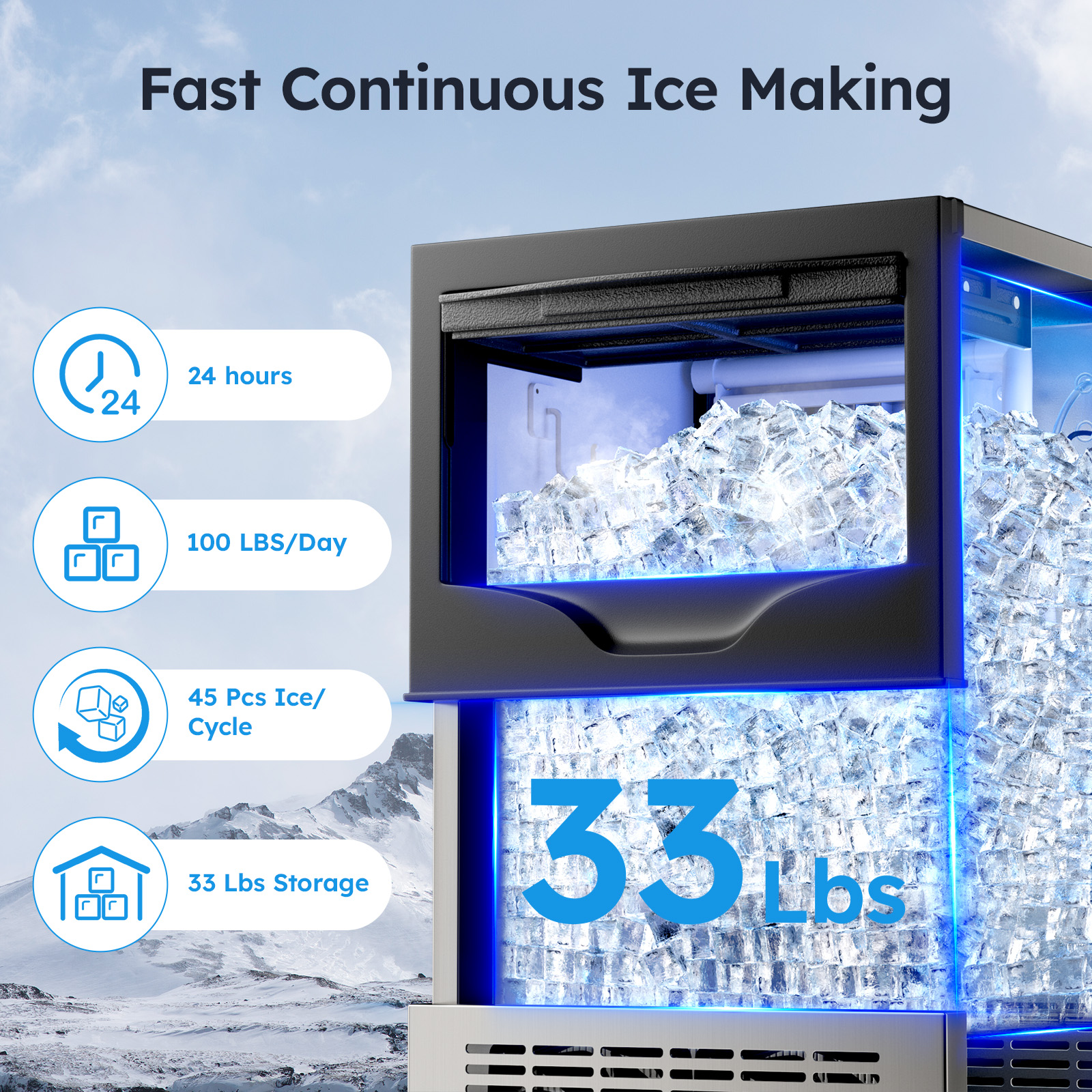 Mojgar commercial ice maker with fast, continuous ice production—100 lbs per day, 45 ice cubes per cycle, and 33 lbs storage capacity. Ideal for high-demand environments like bars and restaurants.