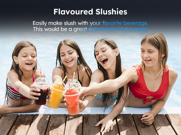 Kids enjoying flavored slushies by the pool, made with the Mojgar slush machine. Easily create slush with any favorite beverage, providing a refreshing and fun experience for parties and gatherings.