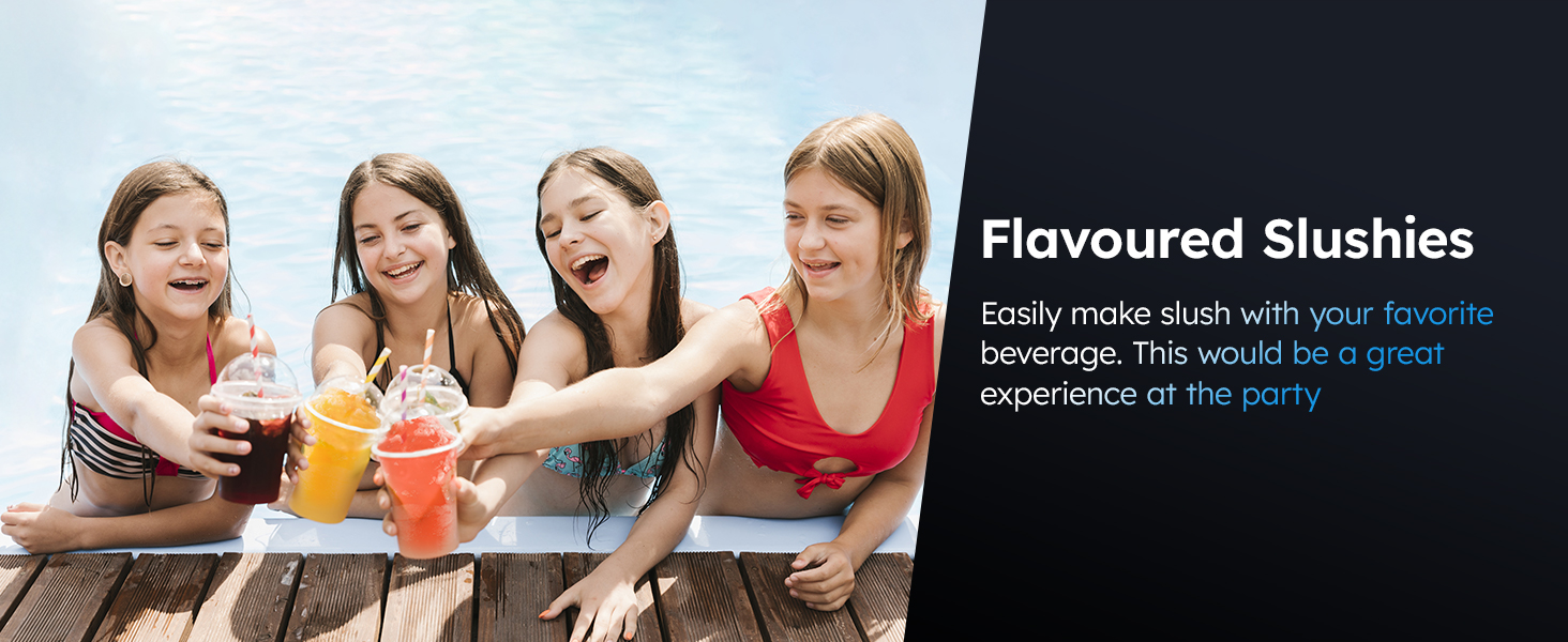 Kids enjoying flavored slushies by the pool, made with the Mojgar slush machine. Easily create slush with any favorite beverage, providing a refreshing and fun experience for parties and gatherings.