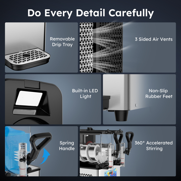 Mojgar Frozen Drink Machine with removable drip tray, built-in LED light, non-slip rubber feet, 3-sided air vents, spring handle, and 360° accelerated stirring for optimal performance and easy use. Designed for both efficiency and convenience.