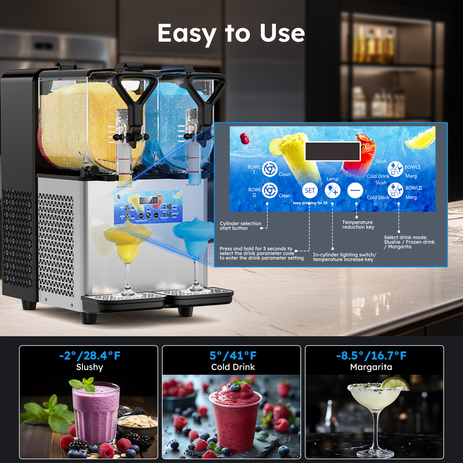 Mojgar Frozen Drink Machine featuring an easy-to-use interface with cylinder selection, temperature control, and mode selection for slushies, cold drinks, and margaritas. Choose your desired drink mode with simple settings and enjoy your favorite beverages in minutes.