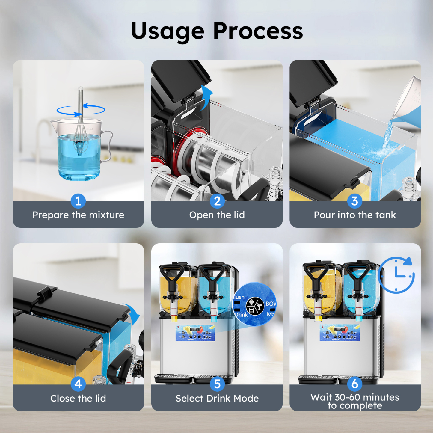 Mojgar Frozen Drink Machine usage process: 1) Prepare the mixture, 2) Open the lid, 3) Pour into the tank, 4) Close the lid, 5) Select drink mode (slushie, cold drink, margarita), 6) Wait 30-60 minutes for completion. Simple and efficient for quick frozen drinks.