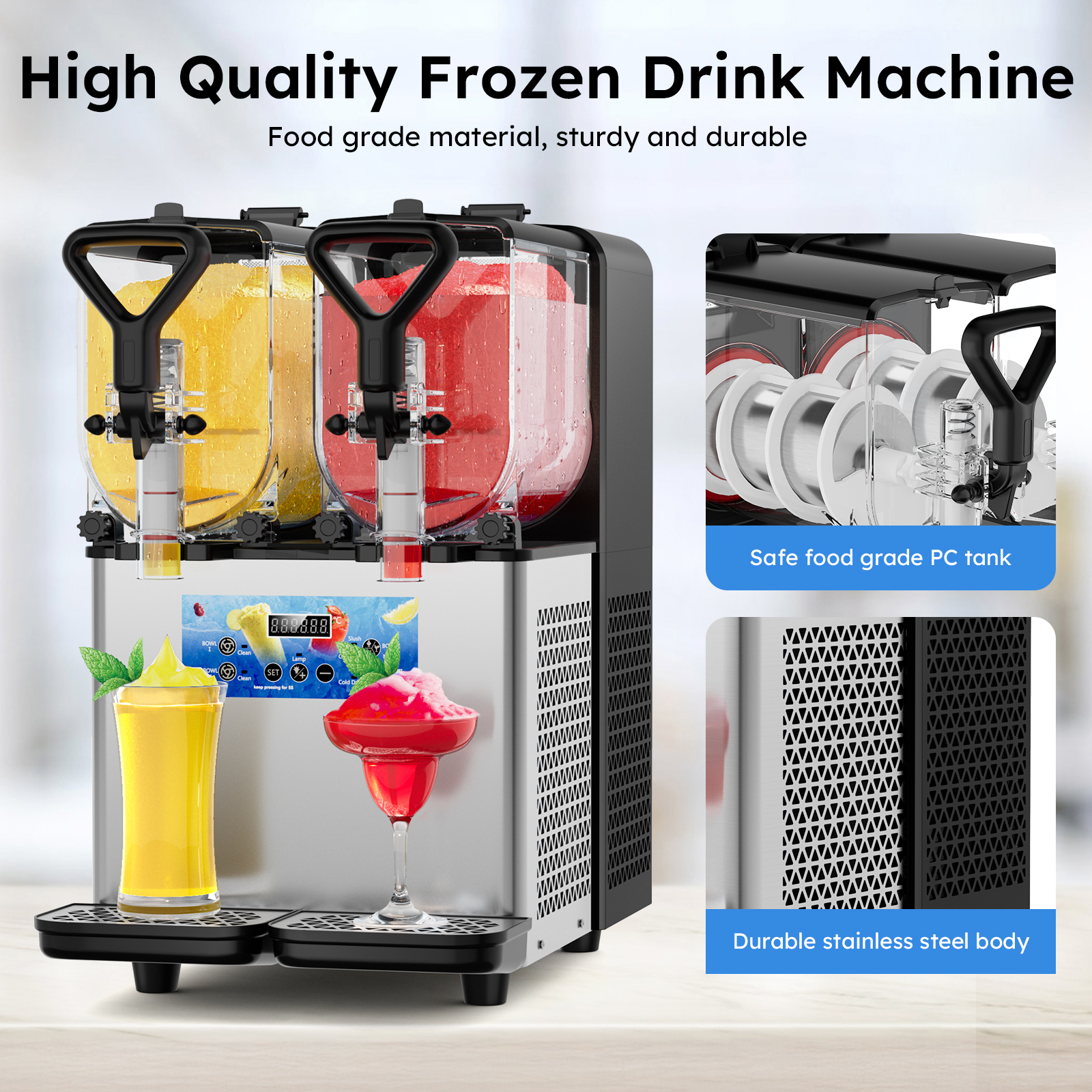 Mojgar High-Quality Frozen Drink Machine with durable stainless steel body and safe food-grade PC tanks. Ideal for creating slushies and margaritas, designed for both home and commercial use with a stylish and robust design.