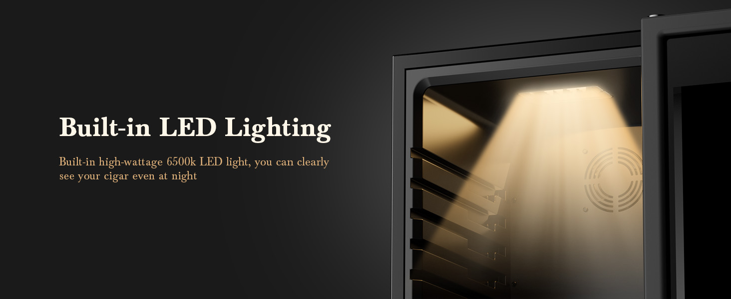 Mojgar humidor with built-in 6500K high-wattage LED lighting, providing clear visibility of cigars even at night, enhancing user convenience and cigar presentation.