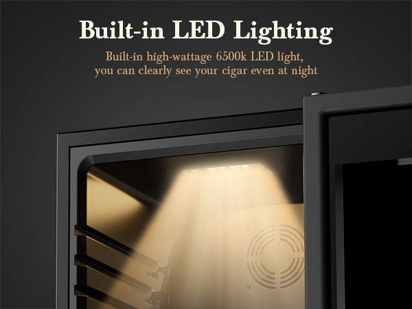 Mojgar humidor with built-in 6500K high-wattage LED lighting, providing clear visibility of cigars even at night, enhancing user convenience and cigar presentation.