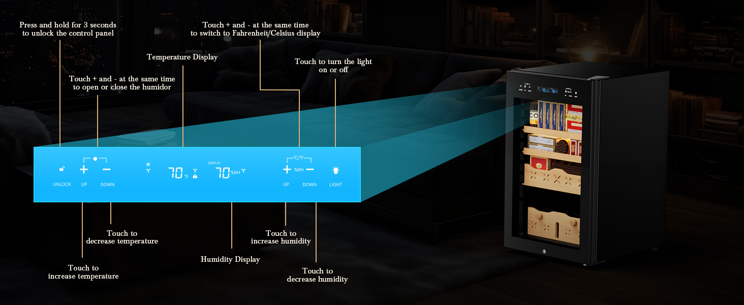 Mojgar humidor control panel displaying functions like unlocking, adjusting temperature and humidity, switching Fahrenheit/Celsius, opening/closing, and turning the light on/off. The display shows current temperature and humidity for easy monitoring.