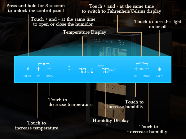 Mojgar humidor control panel displaying functions like unlocking, adjusting temperature and humidity, switching Fahrenheit/Celsius, opening/closing, and turning the light on/off. The display shows current temperature and humidity for easy monitoring.