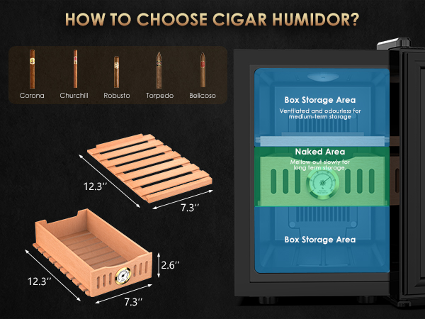 Mojgar humidor features box and naked storage areas, perfect for different cigar types like Corona, Churchill, Robusto, Torpedo, and Belicoso with dedicated storage options for medium and long-term preservation.