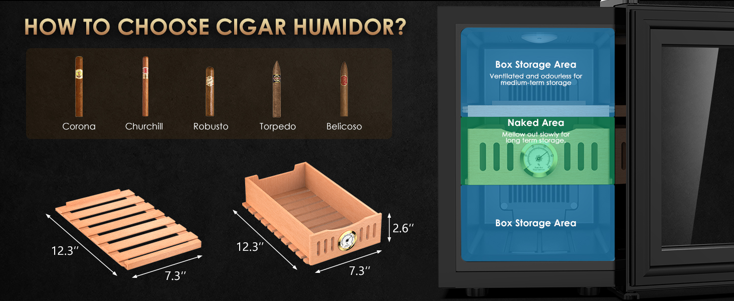 Mojgar humidor features box and naked storage areas, perfect for different cigar types like Corona, Churchill, Robusto, Torpedo, and Belicoso with dedicated storage options for medium and long-term preservation.