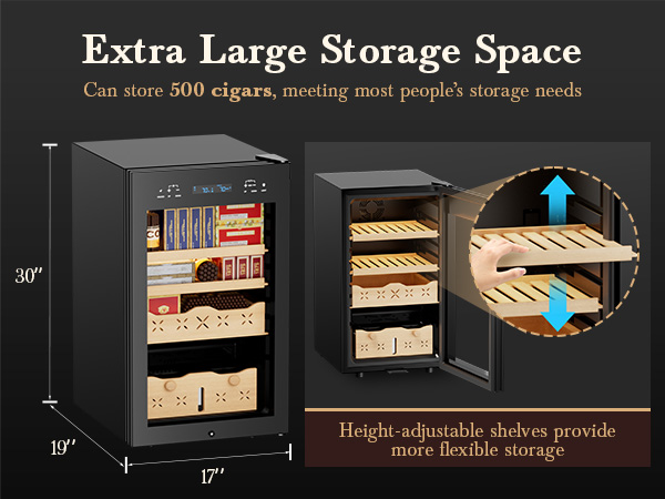 Mojgar humidor with 30-inch height, 19-inch depth, and 17-inch width, offering storage for up to 500 cigars. Features height-adjustable shelves for flexible storage to meet diverse needs.