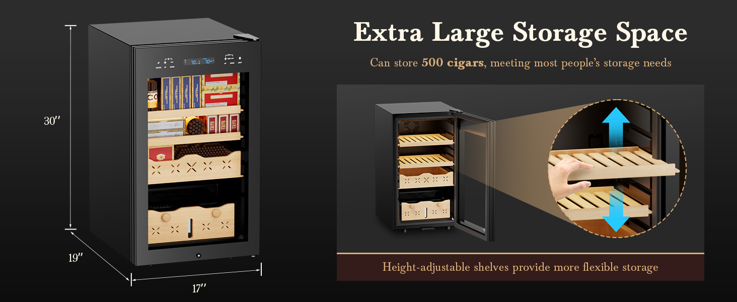 Mojgar humidor with 30-inch height, 19-inch depth, and 17-inch width, offering storage for up to 500 cigars. Features height-adjustable shelves for flexible storage to meet diverse needs.