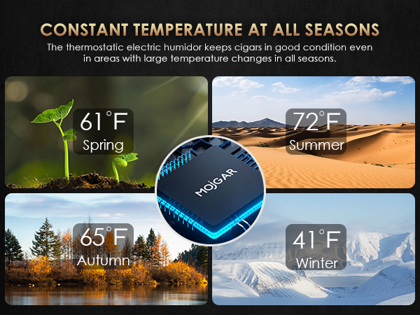 Mojgar electric humidor maintains a consistent temperature of 61°F in spring, 72°F in summer, 65°F in autumn, and 41°F in winter, ensuring optimal cigar storage in all seasons.
