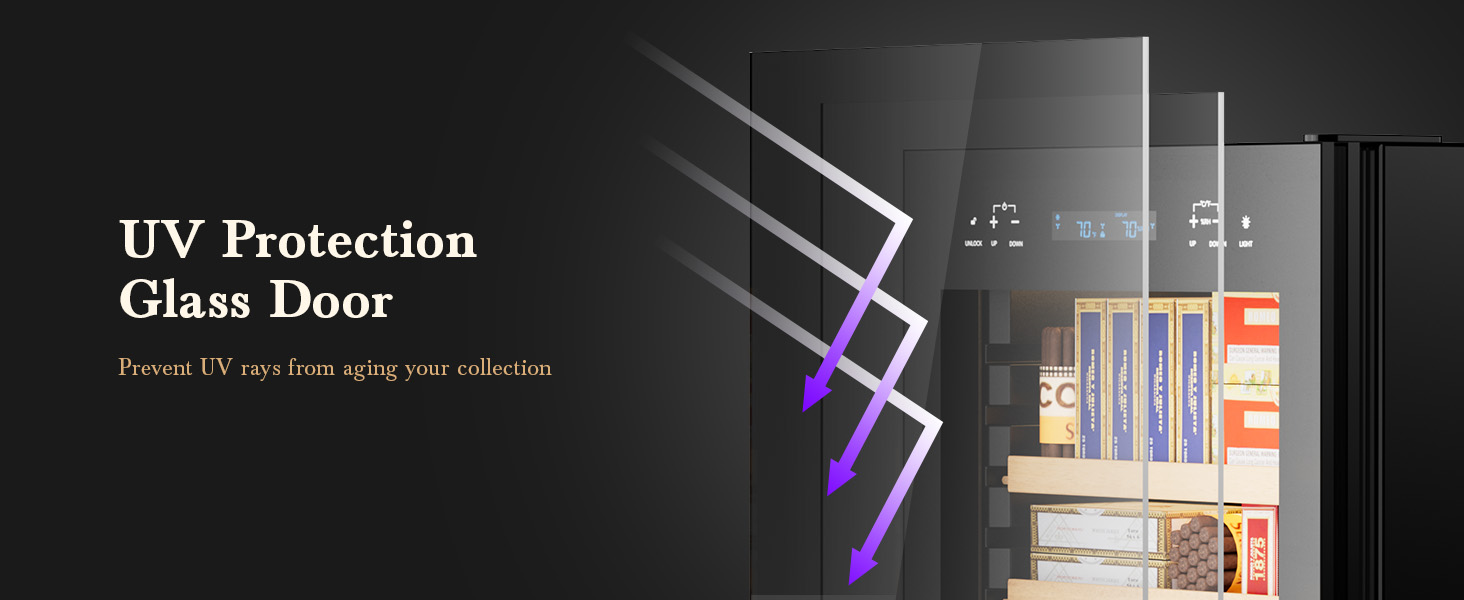 Mojgar humidor with UV protection glass door, designed to prevent harmful UV rays from aging cigars, ensuring long-lasting freshness and quality for your collection.