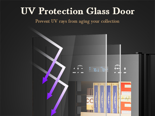 Mojgar humidor with UV protection glass door, designed to prevent harmful UV rays from aging cigars, ensuring long-lasting freshness and quality for your collection.