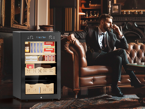 Mojgar humidor showcased in an elegant lounge setting with two men enjoying cigars, highlighting its sophisticated design that complements luxurious spaces like living rooms or studies. Ideal for cigar enthusiasts seeking both functionality and style.