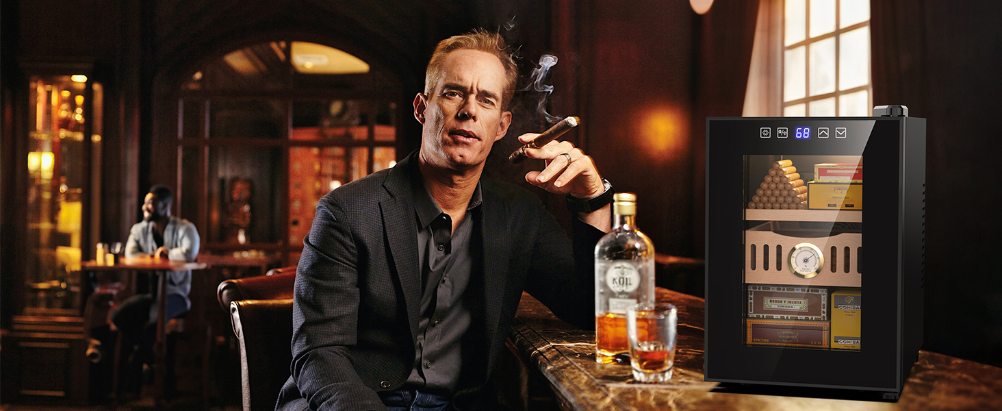 Mojgar electric cigar humidor in a classy bar setting, preserving cigars while complementing the sophisticated ambiance of a cigar enthusiast enjoying a drink and cigar.