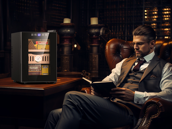 A stylish Mojgar electric cigar humidor in a luxurious bookroom, keeping cigars perfectly preserved while complementing the sophisticated ambiance.