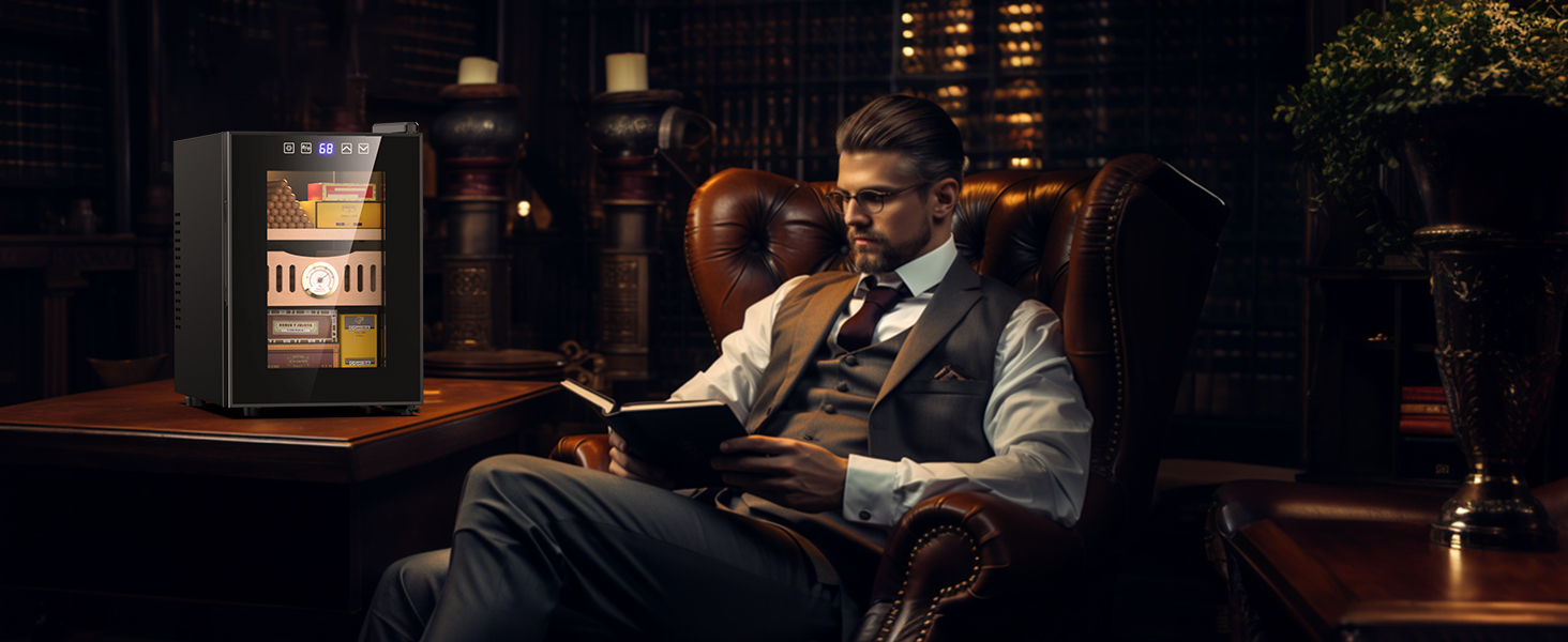 A stylish Mojgar electric cigar humidor in a luxurious bookroom, keeping cigars perfectly preserved while complementing the sophisticated ambiance.