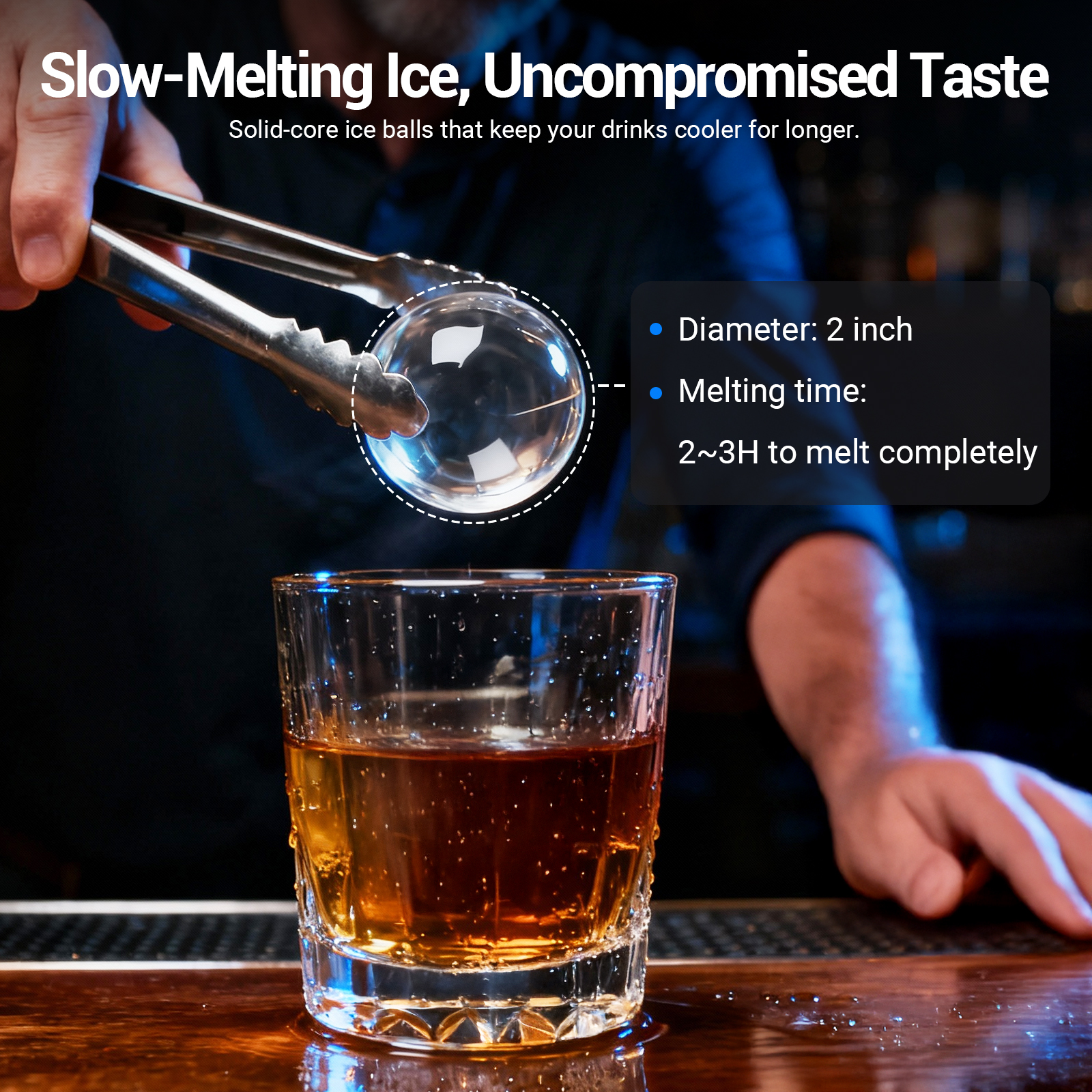 Mojgar Ice Maker creates 2'' slow-melting ice balls with a melting time of 2-3 hours, keeping your whiskey and cocktails cool without diluting their flavor. Perfect for connoisseurs who enjoy their drinks at the perfect temperature.
