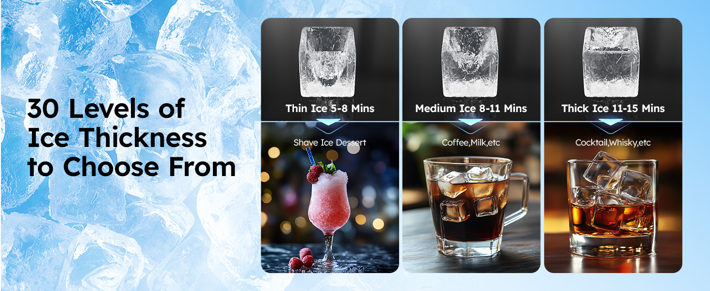 Mojgar Ice Machine offering 30 adjustable ice thickness levels, perfect for thin ice for desserts, medium ice for drinks, and thick ice for cocktails and whiskey. Ideal for diverse applications.