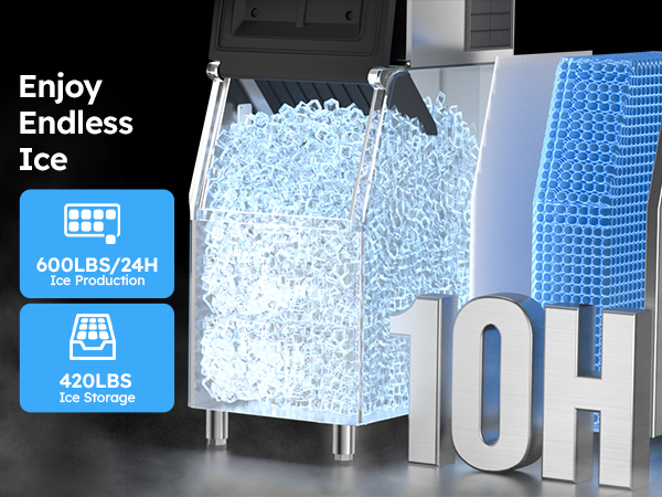 Mojgar Ice Machine with 600LBS ice production per day and 420LBS ice storage capacity. Ideal for commercial use, providing endless ice for bars, restaurants, and other businesses.