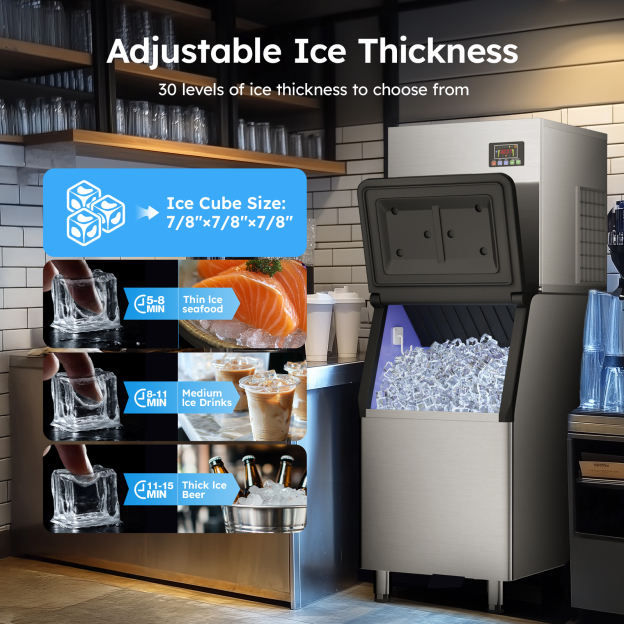 Mojgar Ice Machine with 30 adjustable ice thickness levels. Choose from thin ice for seafood (5-8 min), medium ice for drinks (8-11 min), and thick ice for beer (11-15 min). Ideal for various commercial needs like bars, restaurants, and cafes.