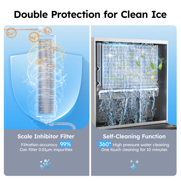 Mojgar Ice Machine features double protection for clean ice: a scale inhibitor filter with 99% filtration accuracy, and a 360° self-cleaning function with high-pressure water, ensuring pure and safe ice production.