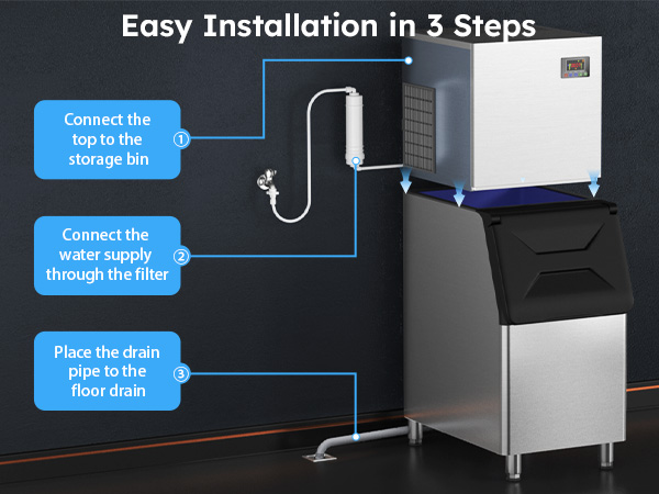 Mojgar Ice Machine with simple 3-step installation: 1) Connect the top to the storage bin, 2) Connect the water supply through the filter, 3) Place the drain pipe to the floor drain. Easy and hassle-free setup.