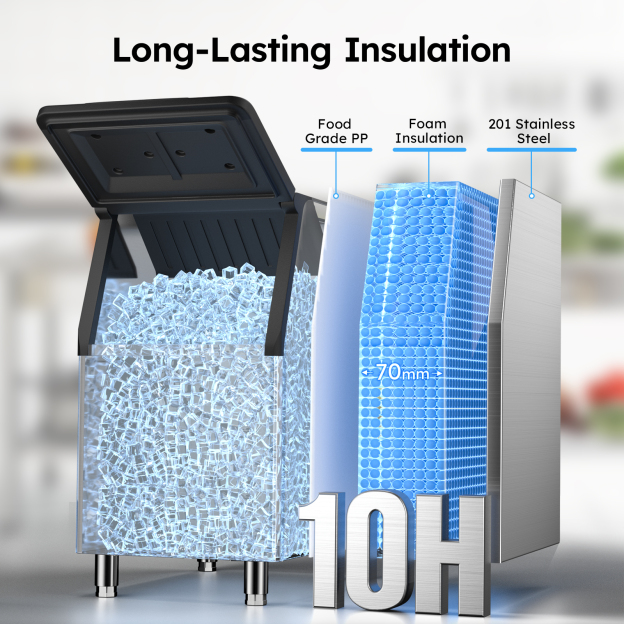 Mojgar Ice Machine with long-lasting insulation: food-grade PP, 70mm foam insulation, and durable 201 stainless steel. Keeps ice frozen for up to 10 hours, ensuring efficient and reliable ice storage. Perfect for commercial use.