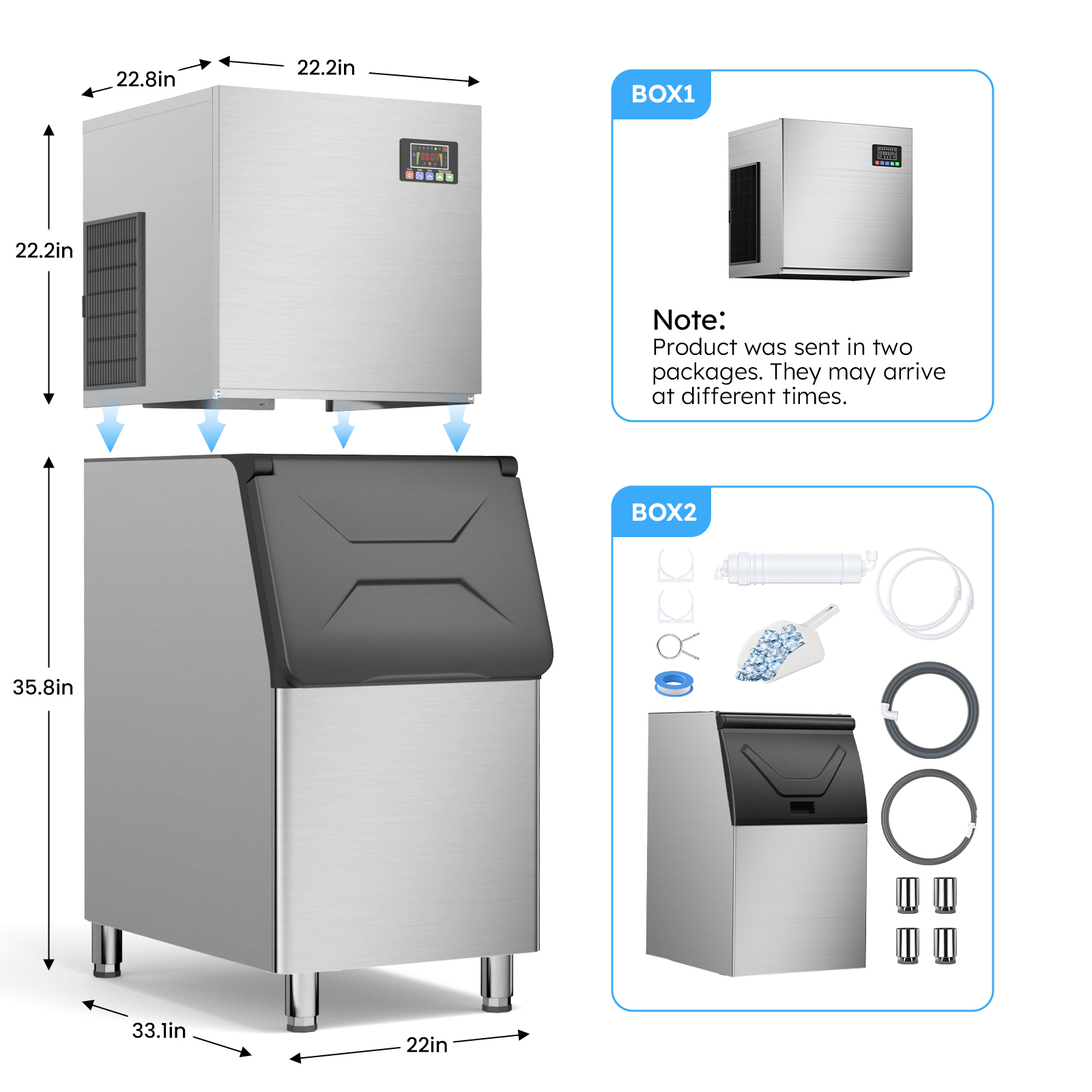Mojgar Ice Machine with detailed dimensions (22.8in x 22.2in x 22.2in) and packaging information. The product is sent in two packages (BOX1 and BOX2), which may arrive at different times. Includes necessary installation accessories like water filter, hoses, and scoop.