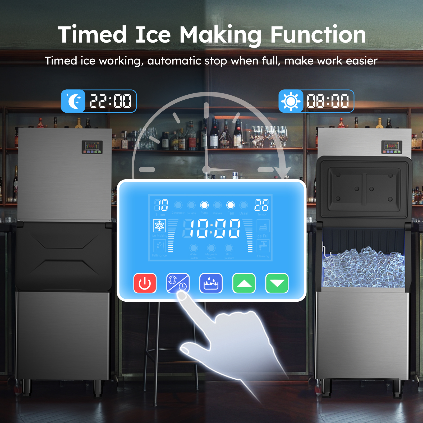 Mojgar Ice Machine with timed ice making function: Set the timer for automatic ice production and automatic stop when full. User-friendly digital control panel for easy operation, making ice production more efficient. Ideal for commercial environments.