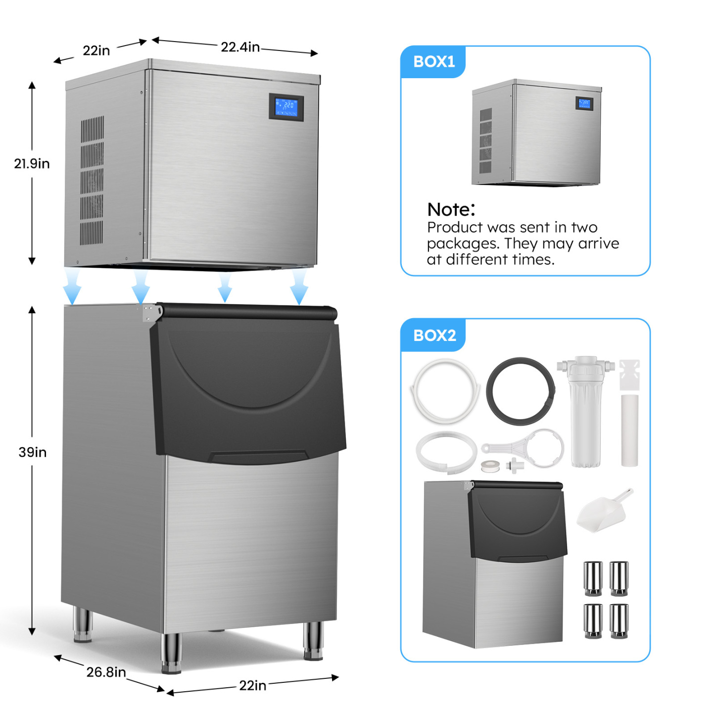 Mojgar Ice Machine with dimensions 22” x 22” x 39”. Comes in two packages (Box 1: Ice Maker, Box 2: Accessories and Filters). Ideal for efficient ice production, with all necessary components for setup and installation.