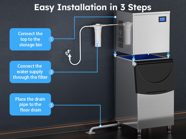 Mojgar Ice Machine with simple 3-step installation process: connect to the storage bin, set up the water supply through the filter, and place the drain pipe into the floor drain for easy setup.